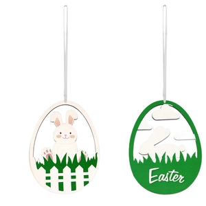 Easter wooden egg hanging ornaments with hollow bunny designs and colorful painted patterns