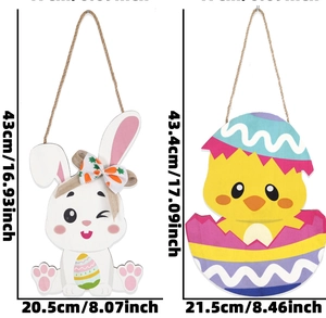 Detailed size chart for Easter wooden bunny and chick hanging signs with twine hooks