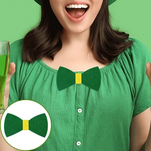 Close-up of a green St. Patrick's Day bow tie accessory with yellow decorative center