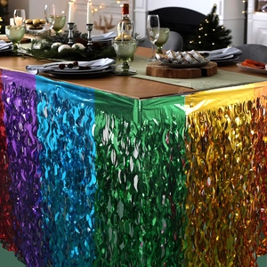 Rainbow foil fringe table skirt for party decoration with colorful metallic PET streamers