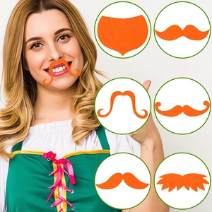 Detail view of five different orange fake beard styles for St. Patrick's Day party props