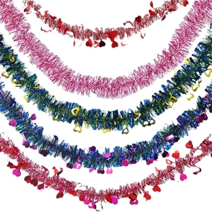 Five assorted 2m heart-shaped tinsel garlands for wedding and party decorations