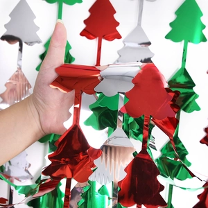 2M Christmas tree tinsel fringe curtain in red, green, and silver metallic foil