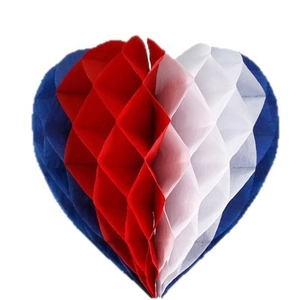 Patriotic USA Independence Day heart honeycomb paper ornament in red white and blue
