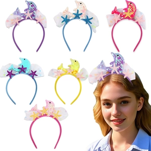 Ocean Birthday Party Decoration Headband Sequin Dolphin Starfish Tulle Hair Hoop Kids Mermaid Theme Cosplay Hair Accessories