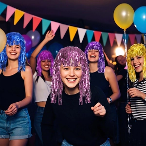 Close-up of shiny PET tinsel wigs in pink, blue, gold, and purple for party celebration