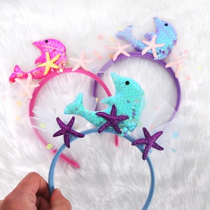 Three-piece ocean theme headbands with sequin dolphin, glitter starfish and soft tulle veil