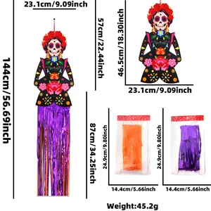 Detailed size chart of Day of the Dead skeleton hanging decoration with tassels