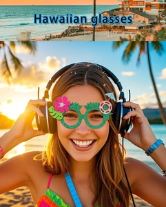 Hawaiian party glasses with green glitter frame and tropical floral beach decorations