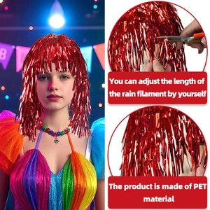Detail view of adjustable red metallic fringe tinsel wig for party decorations