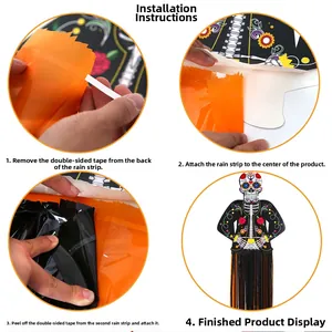 Step-by-step assembly guide for Dia de los Muertos skull hanging decor with orange tinsel