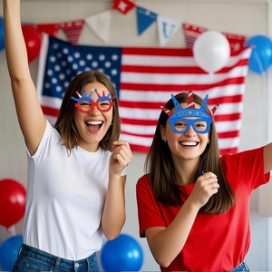 Women wearing USA Independence Day glitter glasses with stars and stripes patterns