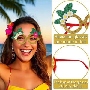 Detail of Hawaiian party glasses with felt tropical leaves and flexible elastic temples
