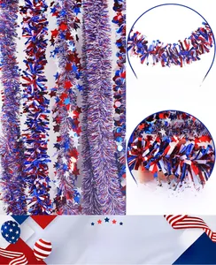 Detail of red white and blue patriotic tinsel garland with stars for party decor