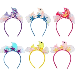 Pack of 6 mermaid themed ocean birthday headbands with sequins and colorful tulle stars