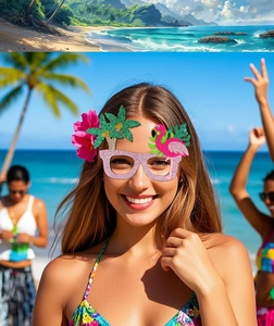 Detail of pink glitter party glasses with flamingo, palm trees and hibiscus flower