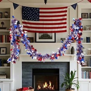 Patriotic 2M red white and blue star tinsel garland hung on a fireplace for 4th of July