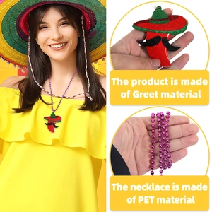Detail of Mexican chili pepper pendant with red glitter and purple beaded necklace chain
