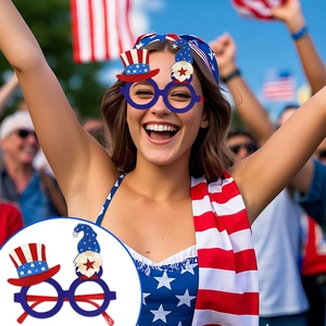 Detail of Independence Day glasses featuring USA top hat and festive gnome on blue frames