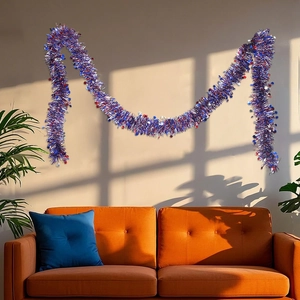 Detailed macro view of 2M red white blue tinsel garland with stars for party decor