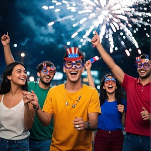 Independence Day themed party glasses with glitter stars and stripes worn by group celebrating