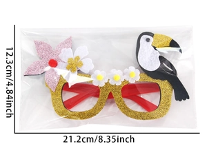 Detail view of tropical toucan felt glasses for beach party with size dimensions shown