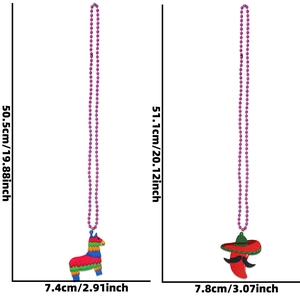 Detailed size specifications for donkey pinata and chili pepper party bead necklaces