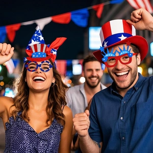Close-up of USA Independence Day festive glasses and Uncle Sam hat for July 4th parade