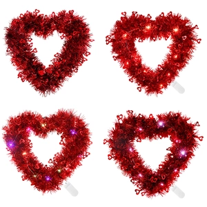 Luminous heart-shaped red tinsel wreath with LED lights for Valentine's Day party decor