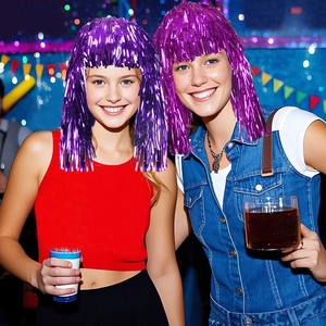 Detail view of purple and magenta metallic tinsel wigs for party hair decoration