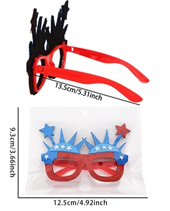 Independence Day glasses with glittery red white blue stars and size measurement details