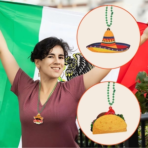 Detail of Cinco de Mayo beaded necklaces with glitter taco and sombrero pendants