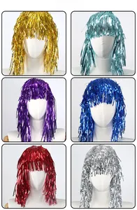Close-up of metallic tinsel party wigs in gold, blue, purple, red, and silver colors