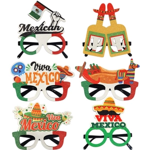 Set of 6 Mexican Fiesta party glasses with glitter cactus, sombreros and piñata motifs