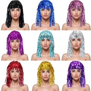 Set of colorful tinsel wigs in nine shiny shades for festive party and cheerleading events