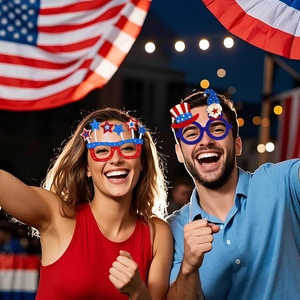 Independence Day party glasses with red and blue sequined stars and USA hat designs