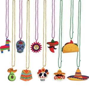 Set of 10 Cinco de Mayo beaded necklaces with skull and taco pendants for Mexican parties