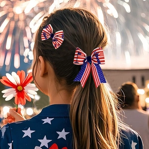 USA Flag bow hair clip set with star and stripe patterns for Independence Day celebrations