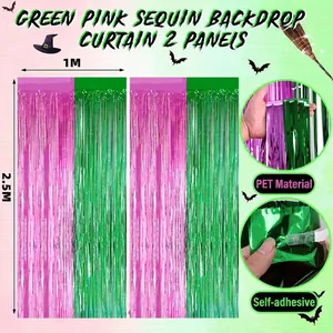 Pink and green fringe curtain backdrop for Wicked theme party decorations, 2 pack set