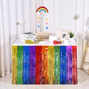 Rainbow tinsel table skirt for birthday party decorations with shiny laser metallic tassels