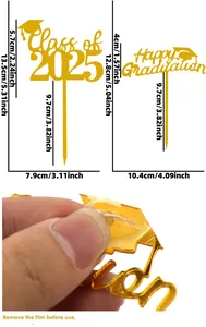 Detail showing dimensions of acrylic 2025 graduation cake toppers in golden finish