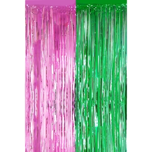 Metallic pink and green tinsel foil fringe curtains for festive party backdrop decorations