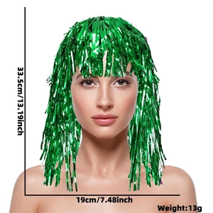 Metallic green foil tinsel party wig for festive cheer, measuring 33.5cm by 19cm