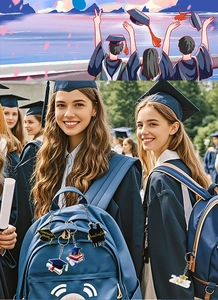 Dettaglio di ciondoli per laurea in acrilico con tocco su uno zaino blu scuro