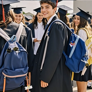 Dettaglio di portachiavi laurea 2025 con ciondoli a tocco accademico su zaini scolastici