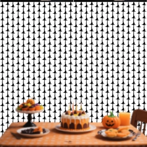 Halloween witch theme tinsel curtain with black hats and brooms for party background