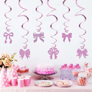 Decorazioni a spirale rosa con fiocchi glitterati per feste di compleanno e fondali di nozze