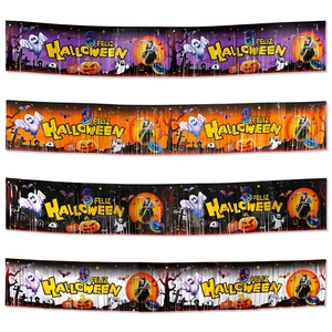 Spanish Feliz Halloween Fringe Curtain Banner PET Plastic Ghost Pumpkin Bat Hanging Banner For Halloween Party Decor