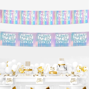 Striscione Happy Birthday olografico con nappe colorate per decorazioni di feste