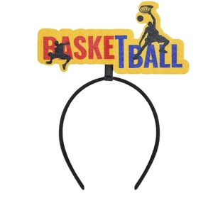 Basketball theme headband with yellow felt lettering and player silhouettes for fans